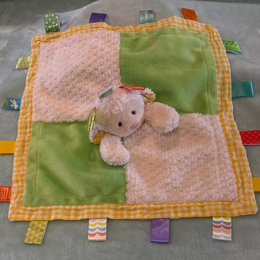 Taggies Mary Meyer Lovey Security Blanket Plush Satin Lamb Sheep Green Yellow